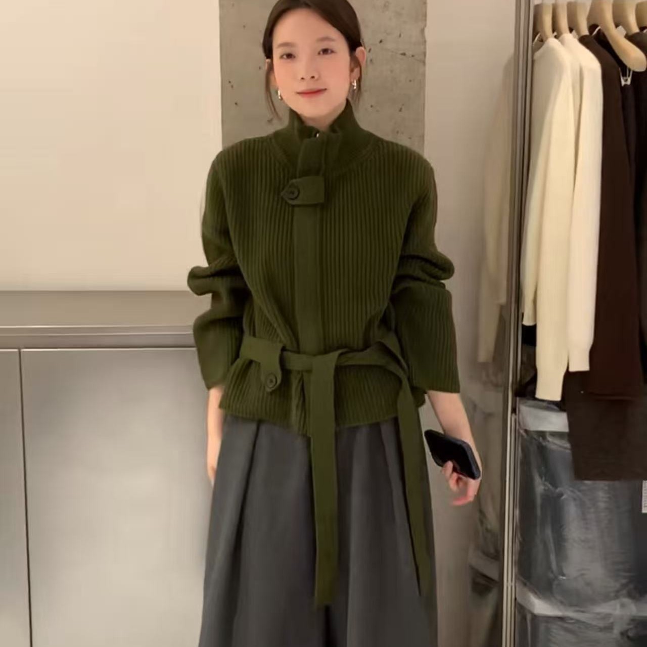 韩版绿色加绒针织老钱风短款针织衫毛针织衫立领纯色