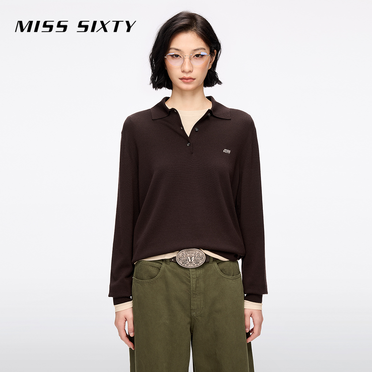Miss Sixty2025秋季新款绵羊毛针织衫女Polo领刺绣简约纯色上衣