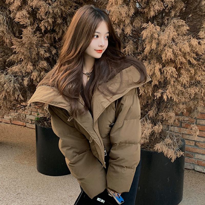 2024年冬季新款翻领短款休闲棉服女韩版小个子设计感棉衣棉袄