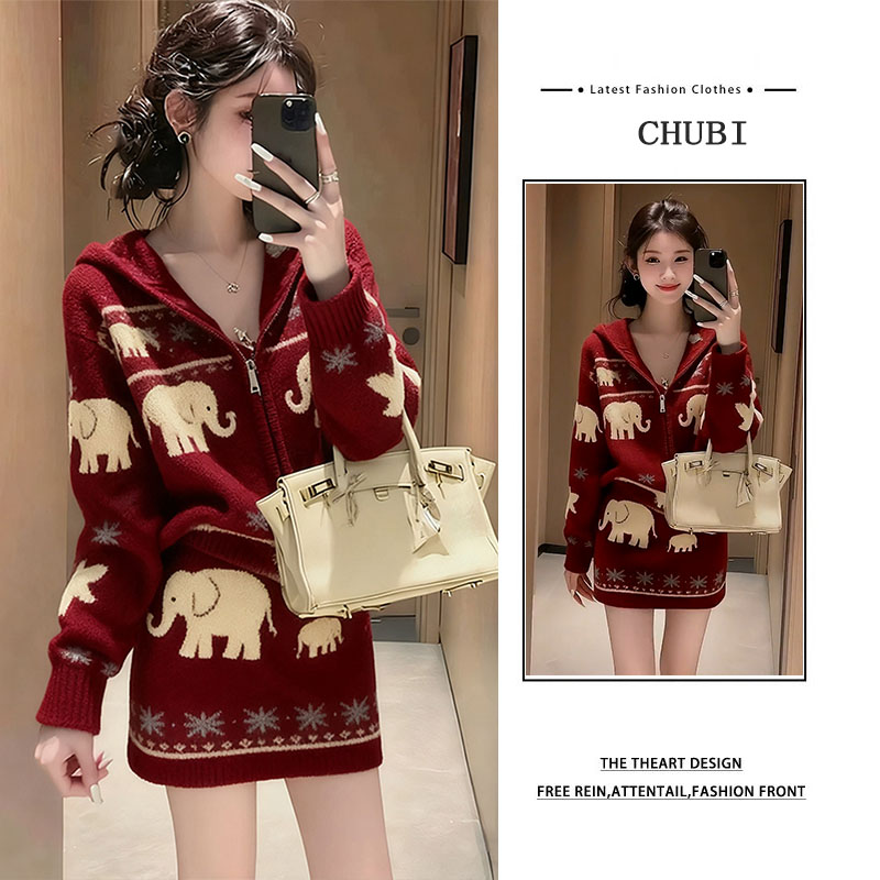 慵懒风红色针织套装女2025秋冬季新款圣诞氛围感上衣半身裙两件套