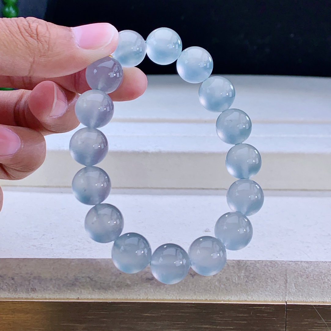 值得收藏传承级玻璃种缅甸纯天然翡翠A货蓝钢起杠光天空蓝手串