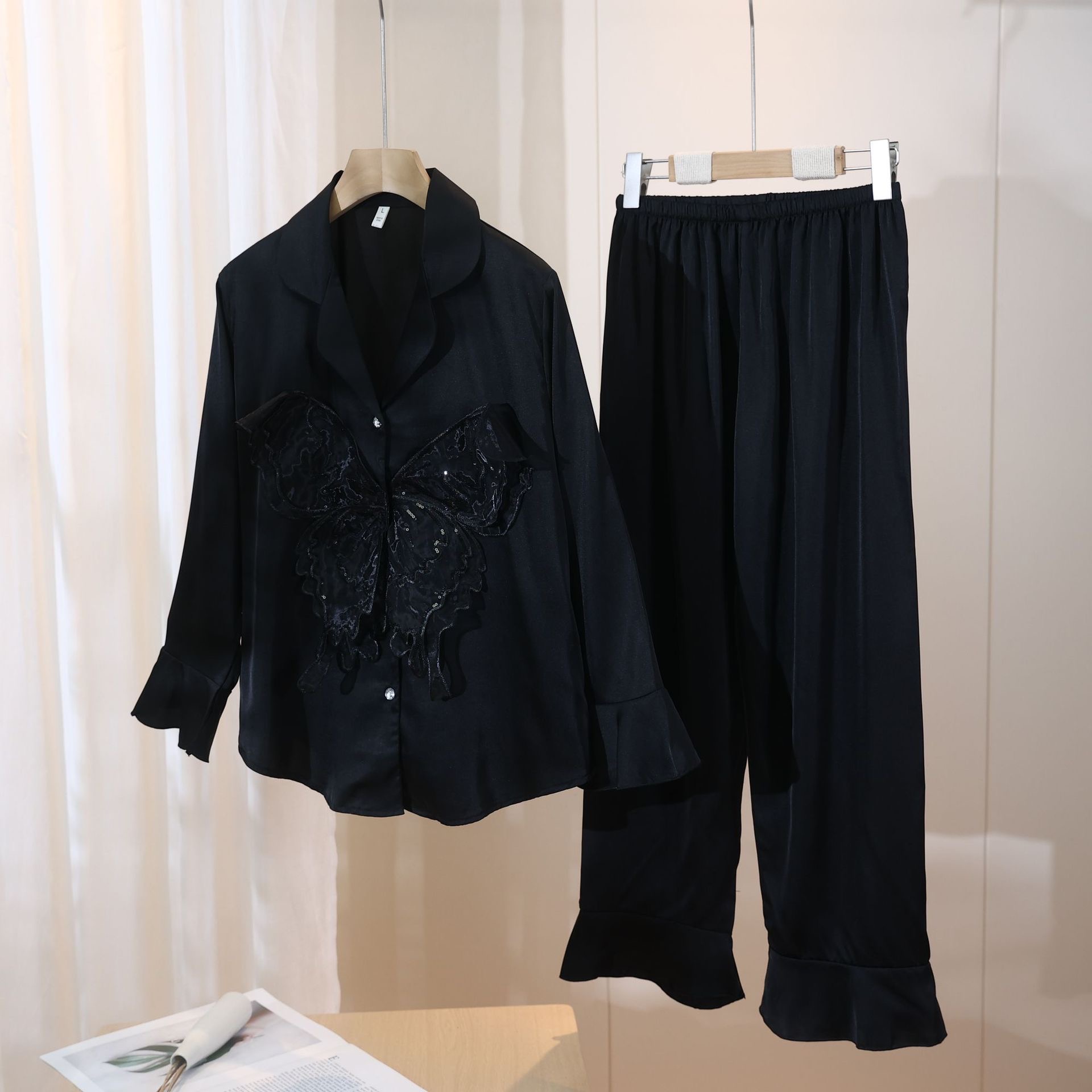 睡衣高级奢华休闲时尚长袖黑色宽松冰丝