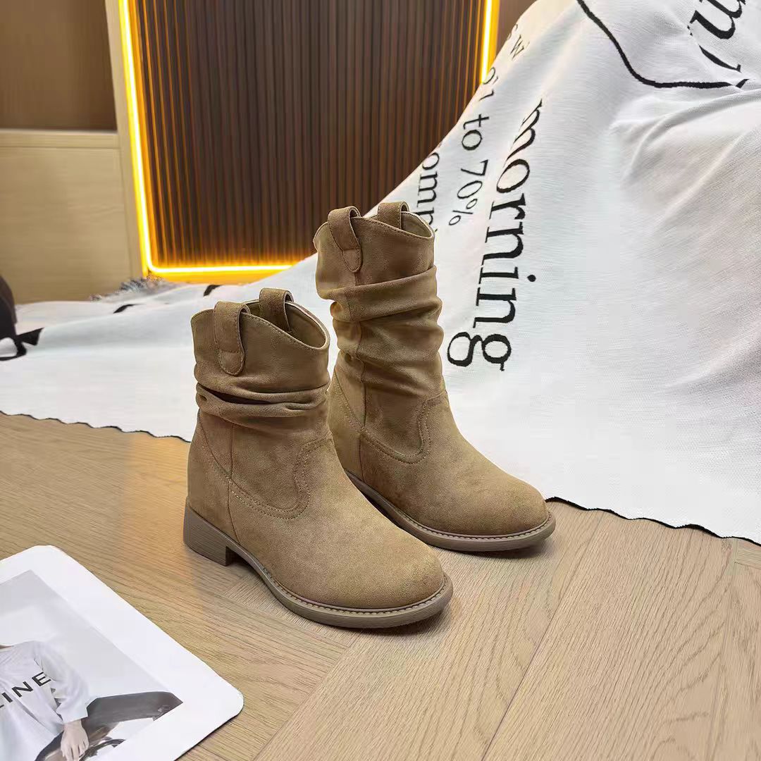 【内增高7cm】美拉德马丁靴女秋款中筒显瘦堆堆褶皱复古女靴牛仔