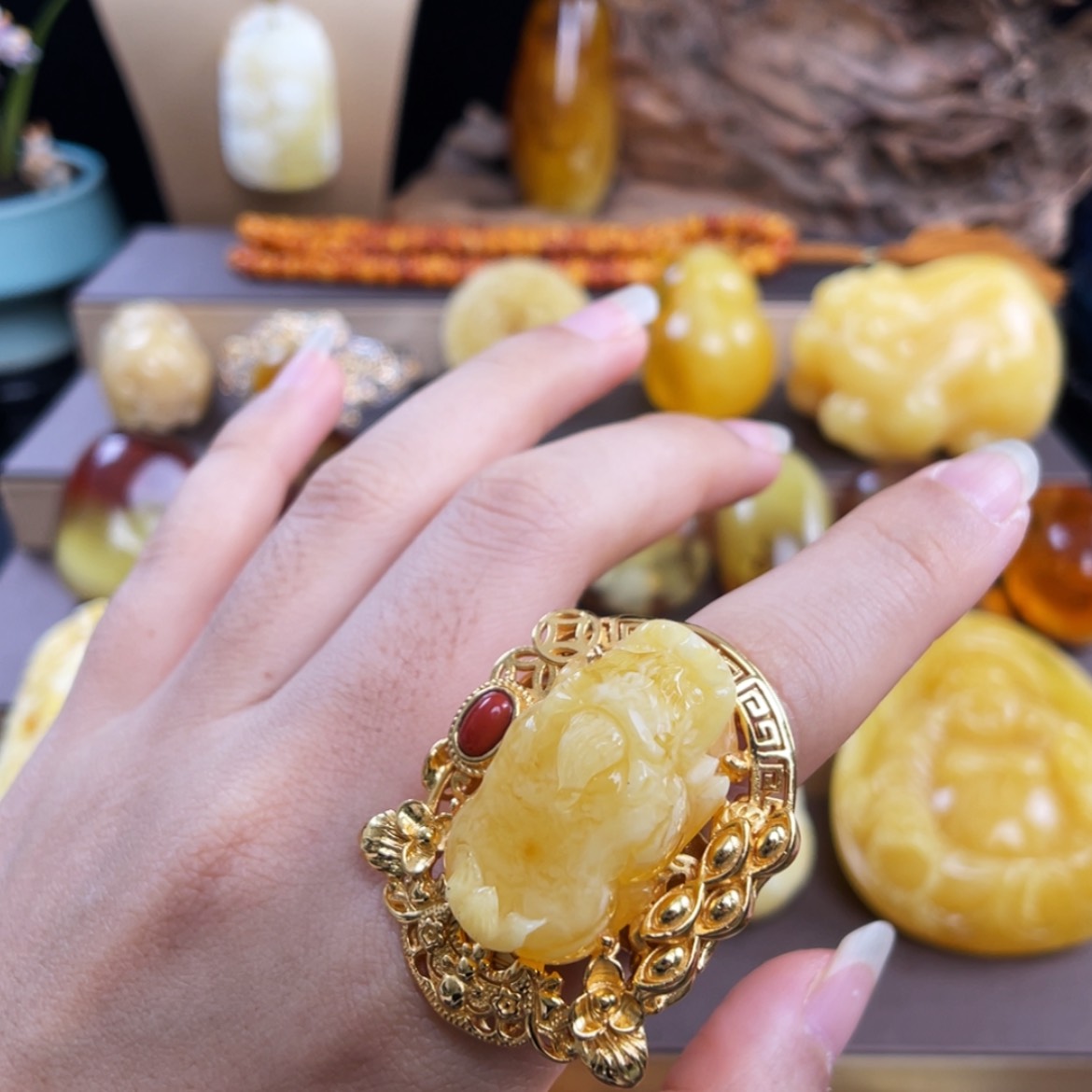 【闪购商品】琥珀珠宝奇石银S925镀金镶嵌