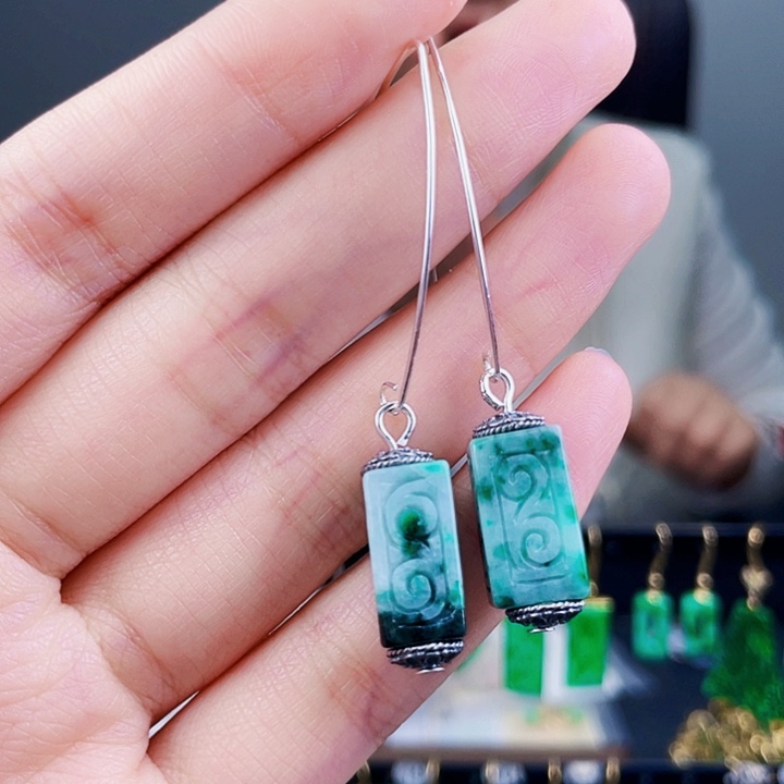 翡翠耳饰银S925镶嵌饰品