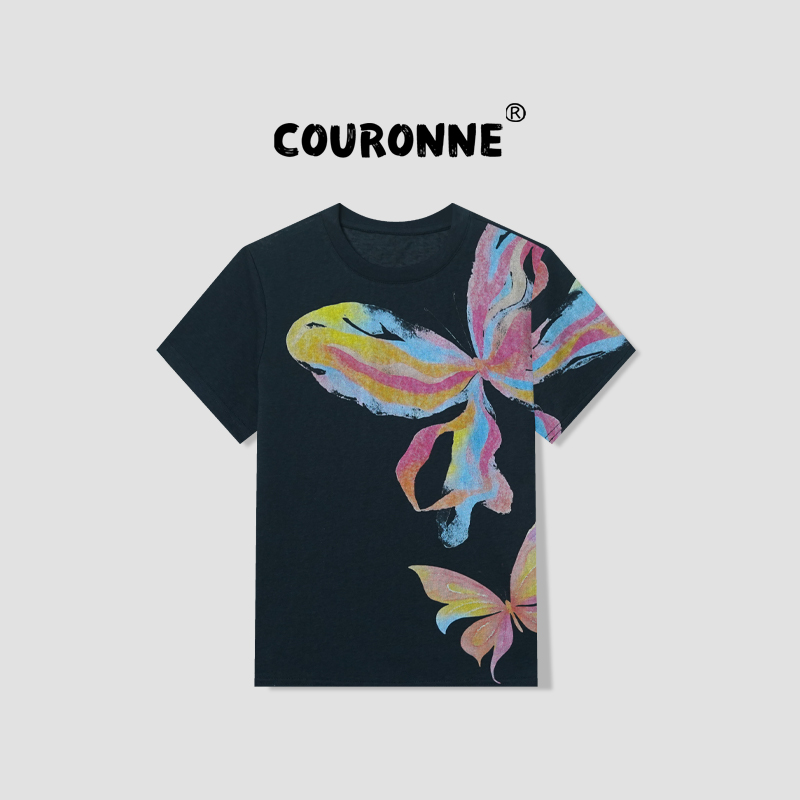 【桐桐】-春夏‘’彩绘蝴蝶‘’复古减龄显瘦软糯短袖上衣35795