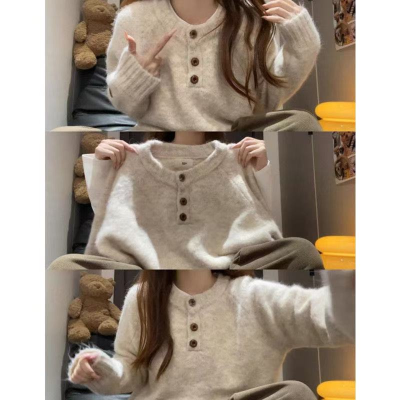 厚款针织宽松圆领套头款毛针织衫网红慵懒风复古女装