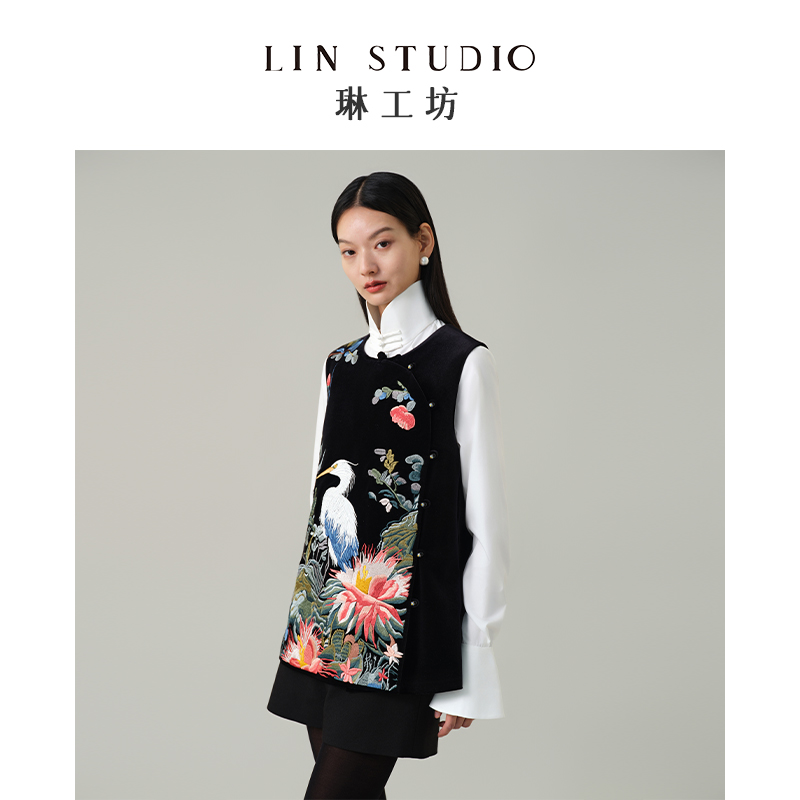 琳工坊闻语黑色中式刺绣马甲盘扣气质复古中国风新款唐琳设计师