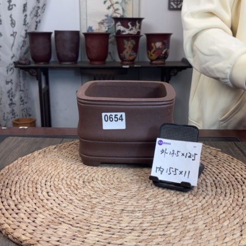 紫砂花盆紫泥款竹节四方0654
