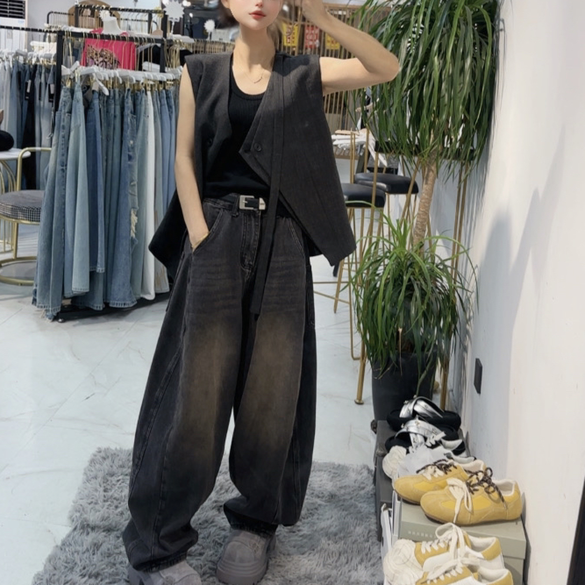 做旧水洗韩版休闲百搭菱形方块牛仔裤