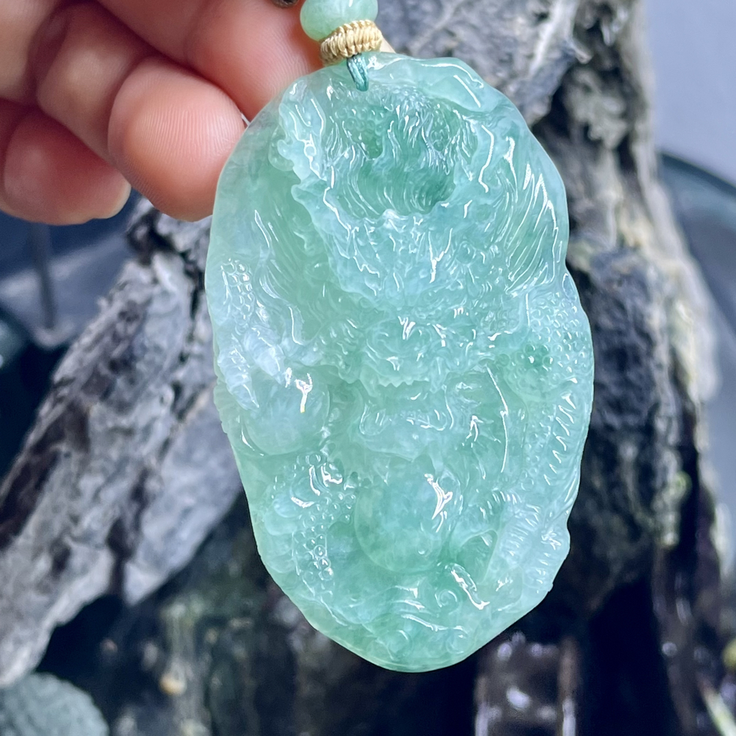 天然缅甸A 货翡翠满绿龙牌精工雕刻霸气挂件