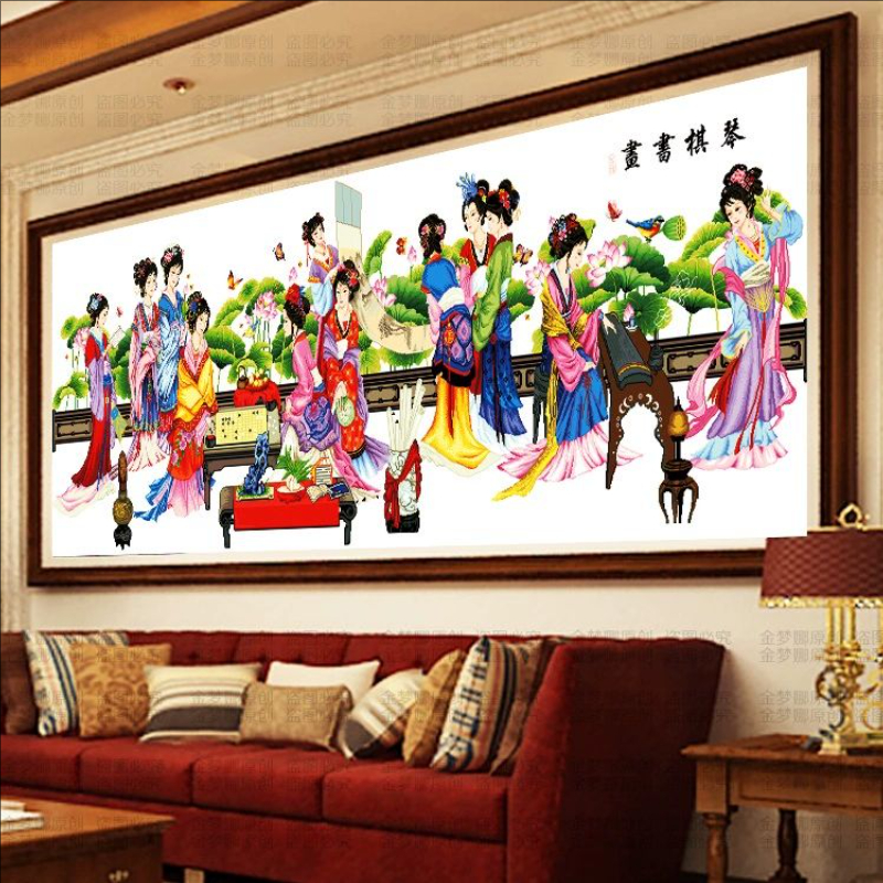 纯手工十字绣成品琴棋书画荷花版十二金钗十二美女客厅挂画绣好的