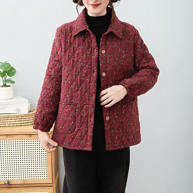 秋冬季薄款小棉衣中老年大码女装复古碎花加棉棉袄外套短款翻领