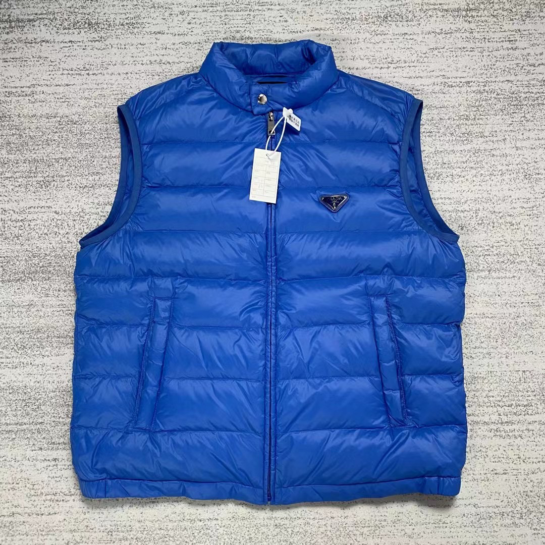 99新 Prada/普拉达 克莱因蓝色金属三角标马甲背心羽绒服 54