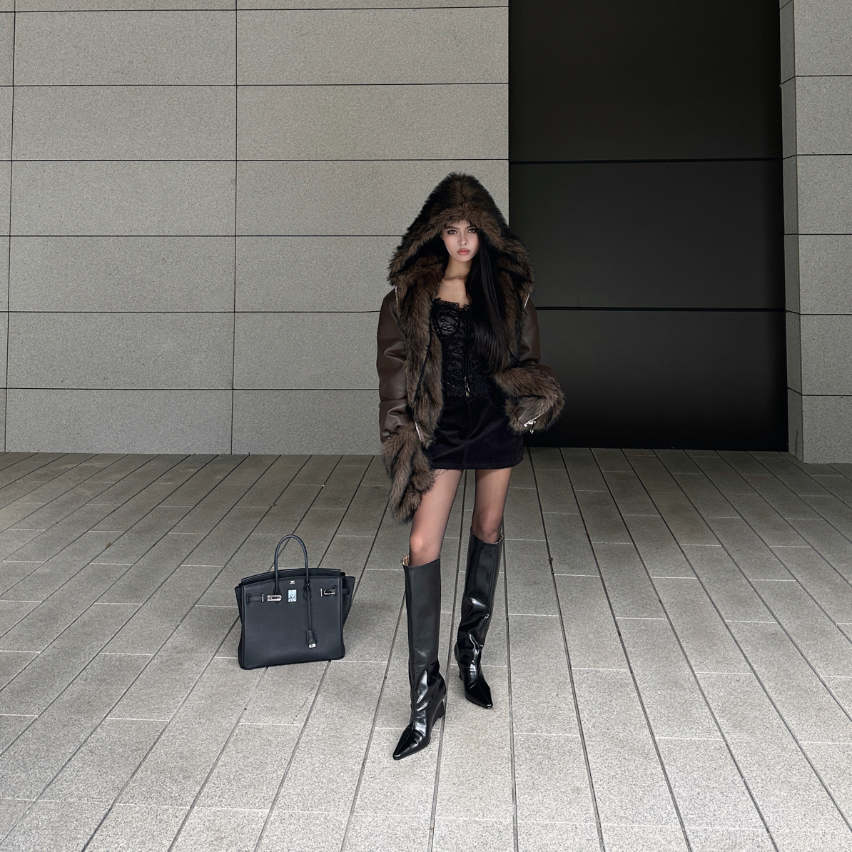 重工两面穿皮衣皮草配手套外套加厚绒保暖连帽夹克开衫外套