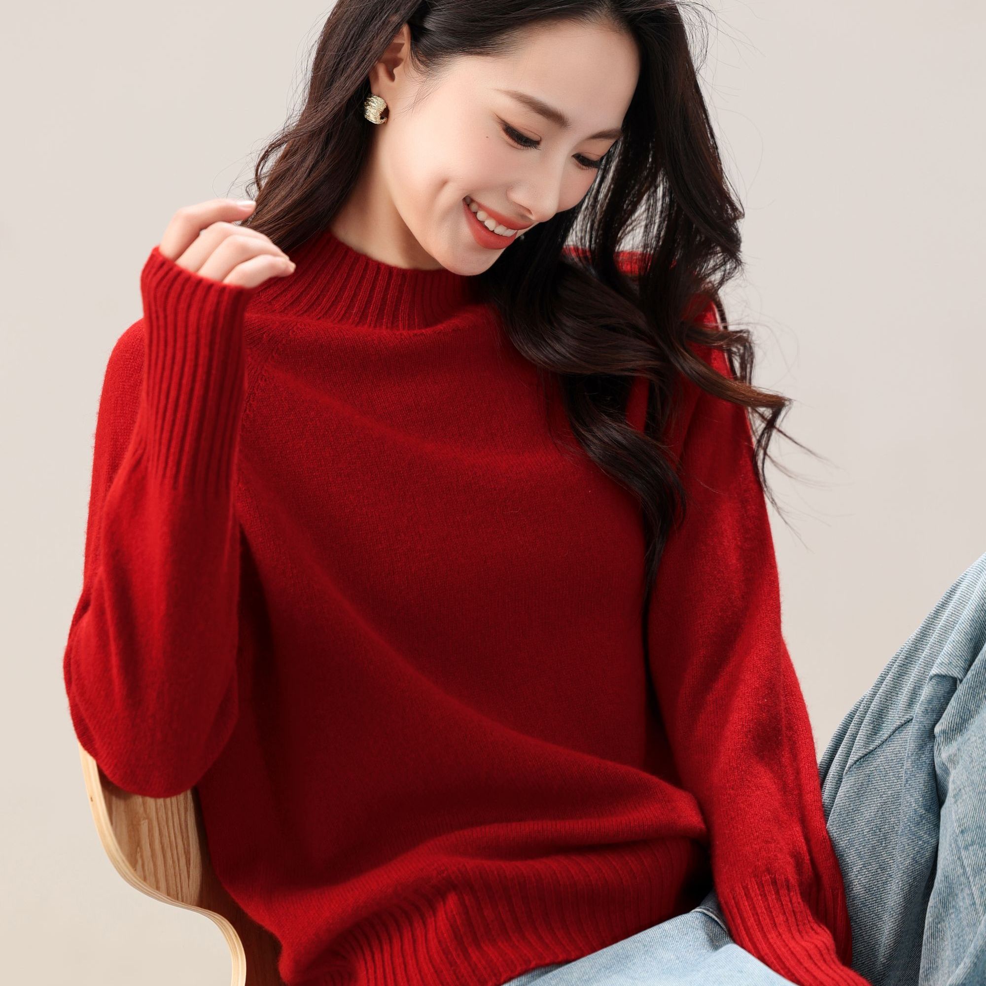 100%纯羊毛半高领套头毛衣2025无缝一体百搭宽松针织打底衫