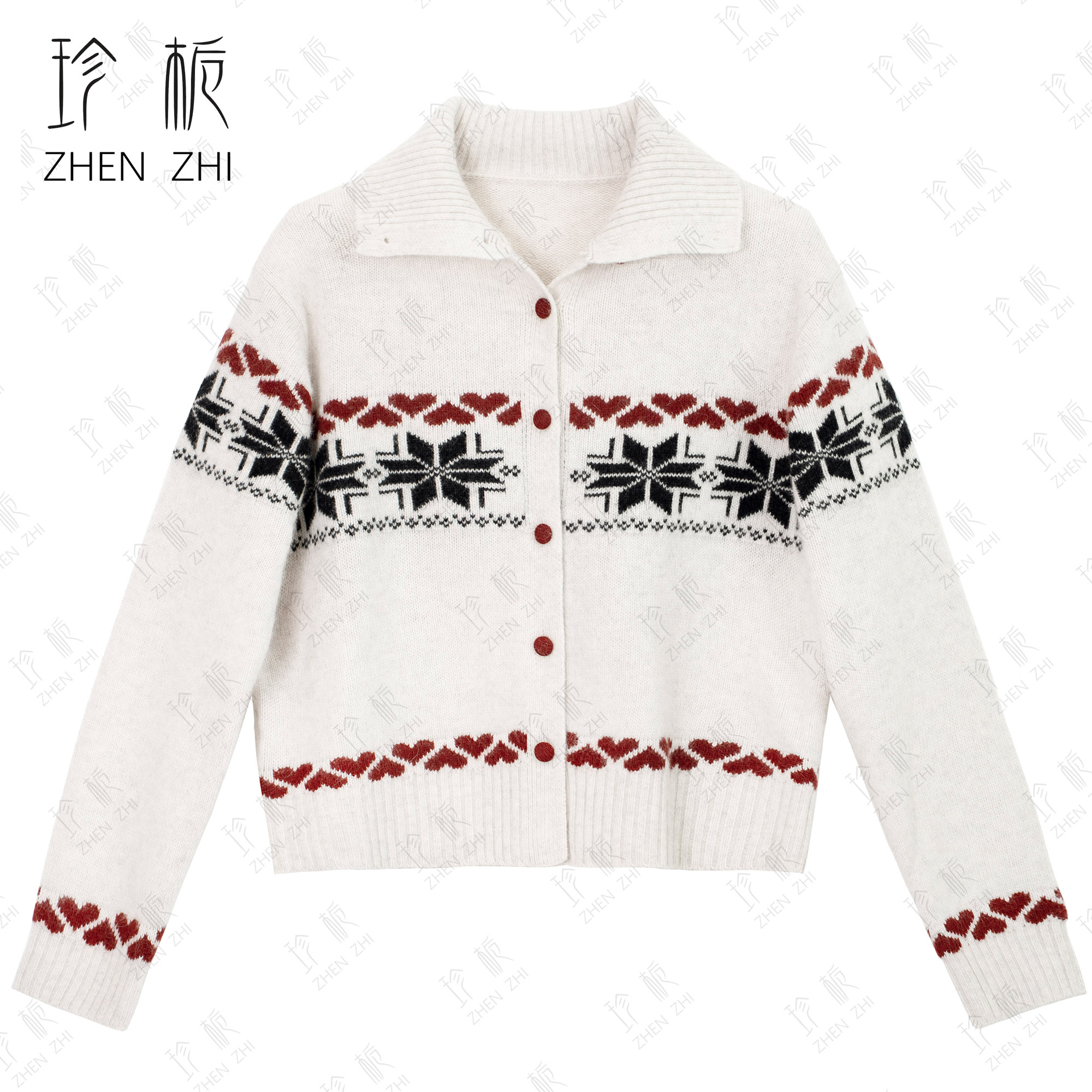 秋冬复古提花开衫翻领单排扣保暖宽松显瘦绵羊毛毛针织衫HN84092