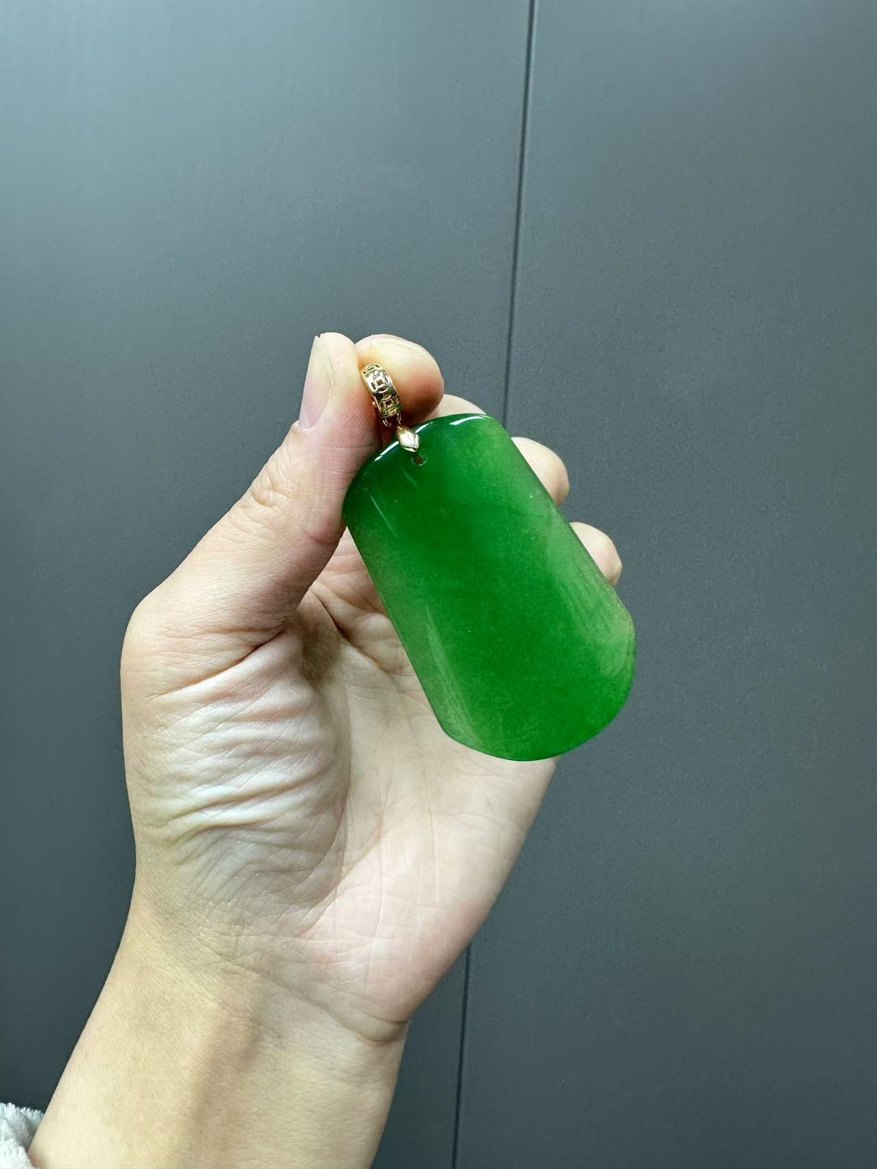 翡翠铜钱14k梯形无事牌吊坠