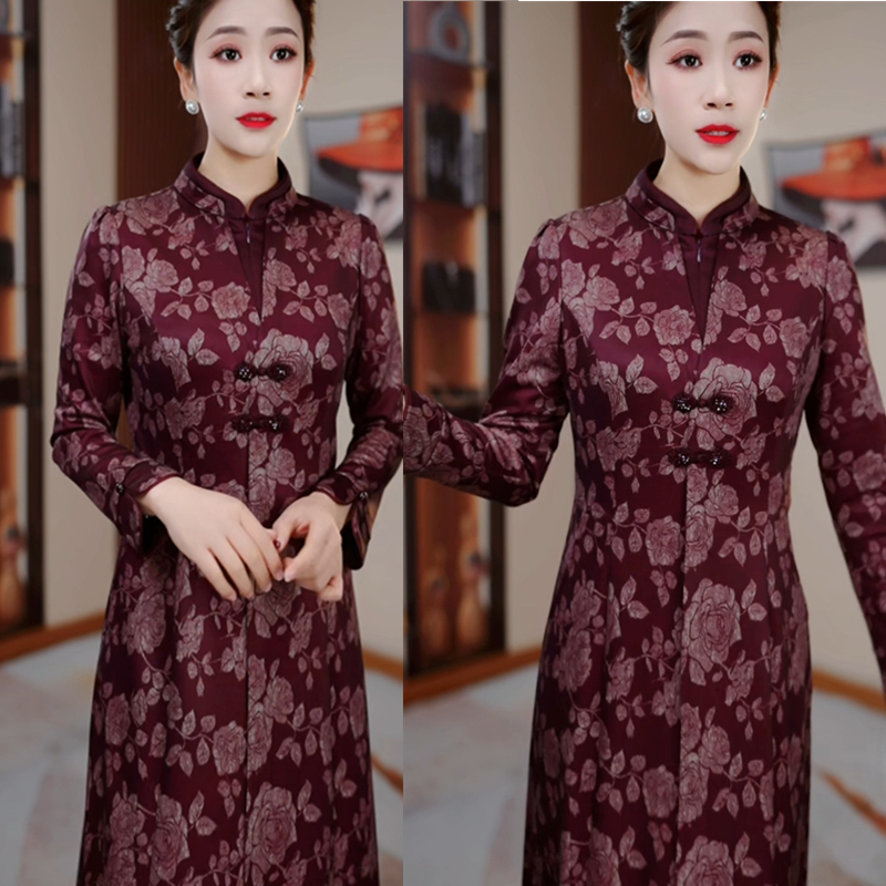 紫红收腰显瘦遮肉气质连衣裙HR5011洋气春装时尚妈妈装修身长袖