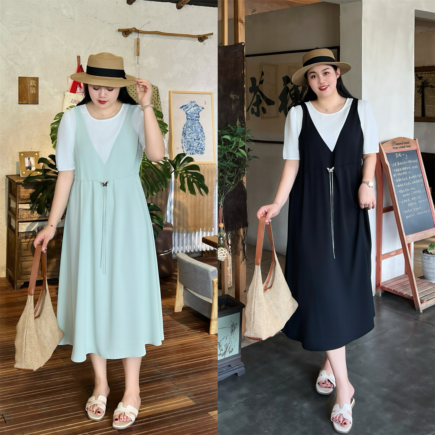 断码捡漏F心动信号/ 松弛感慵懒系假两件短袖连衣裙15245花契大码