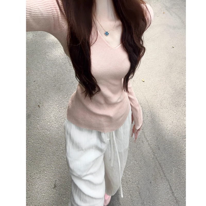 修身针织打底衫女秋冬季2025新款粉色安迪绒V领加绒毛衣内搭上衣