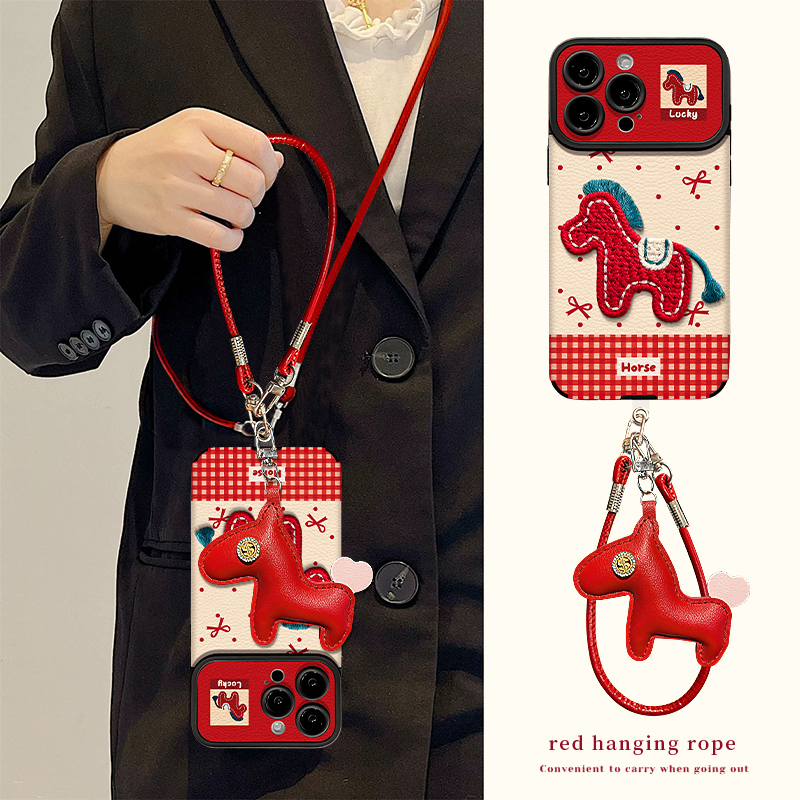斜跨刺绣红马适用苹果17华为VIVO/OPPO小米iPhone视窗贴皮手机壳