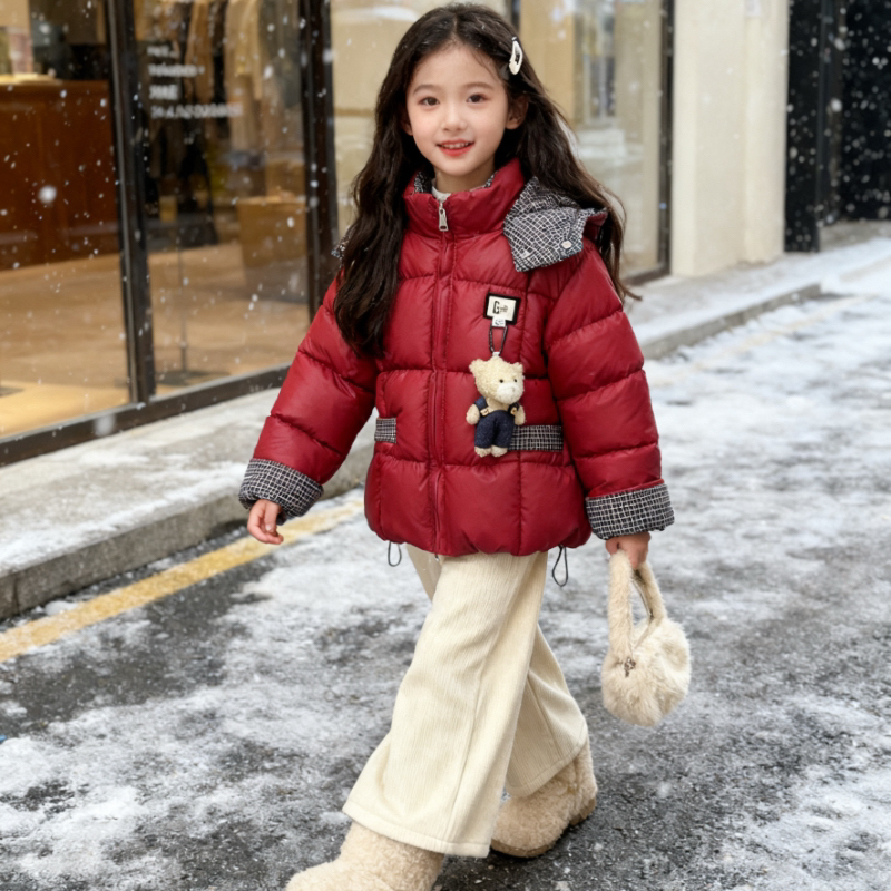 新款女童棉服挂件免洗加绒加厚冬季中长款连帽保暖棉服外套棉袄