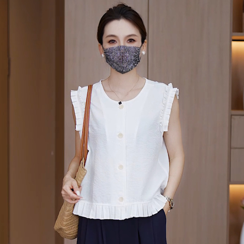 夏季圆领无袖百搭宽松型木耳衬衫雪纺衫白色度假风