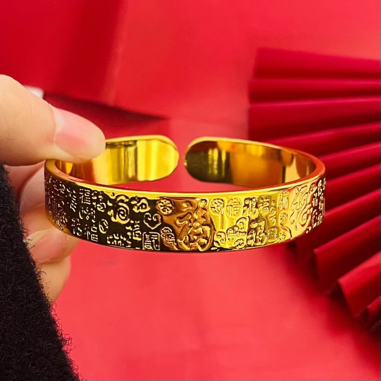 铜合金手镯 百福心经手镯合金手镯韩版韩式金色女款素款经典复古