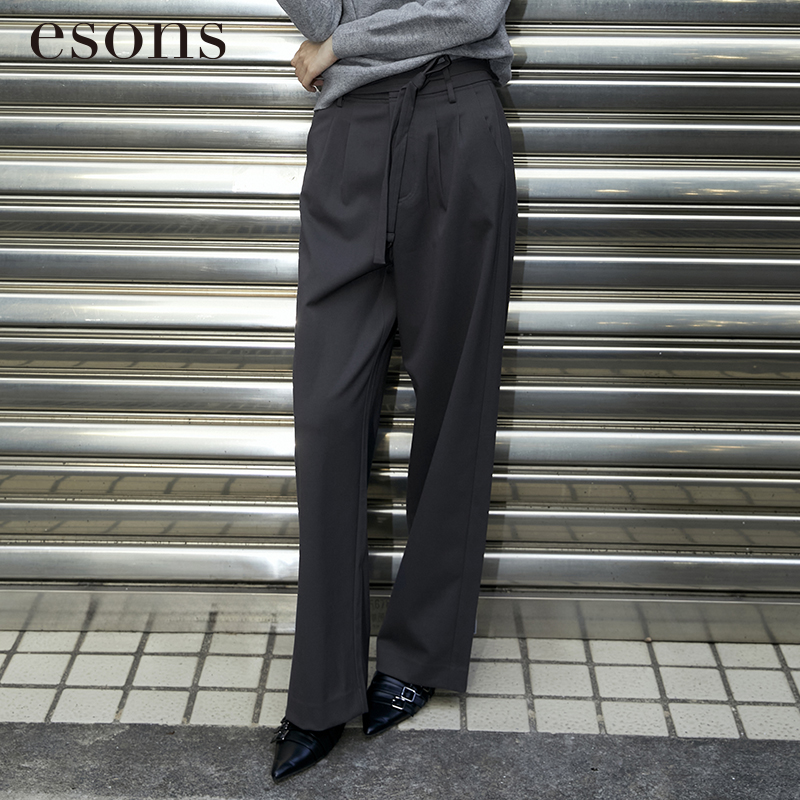 esons/爱城市【商场同款】法式舒适百搭带腰带褶皱休闲裤35851570