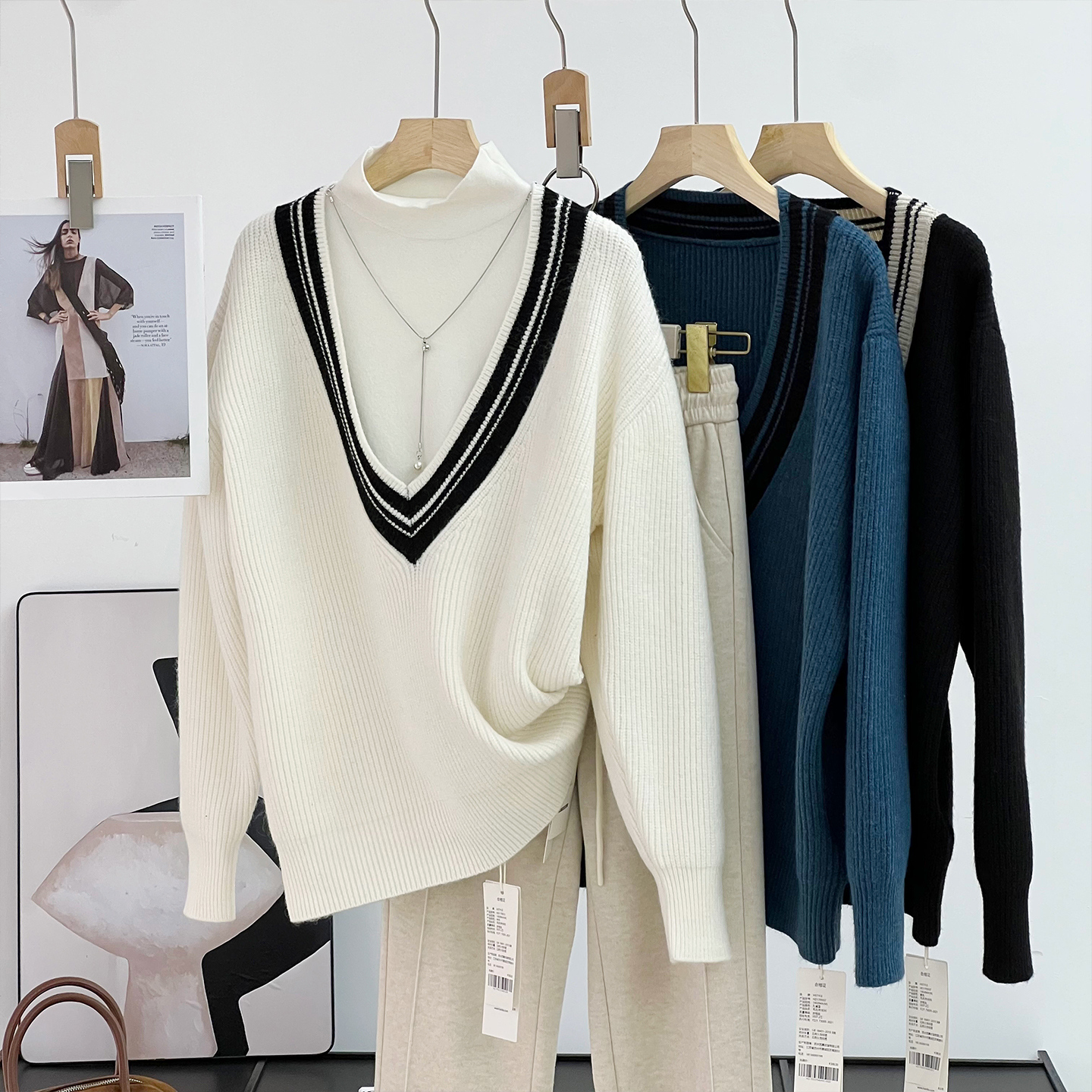 松弛天菜~小众设计通勤软糯亲肤 条纹撞色深领慵懒风套头针织衫