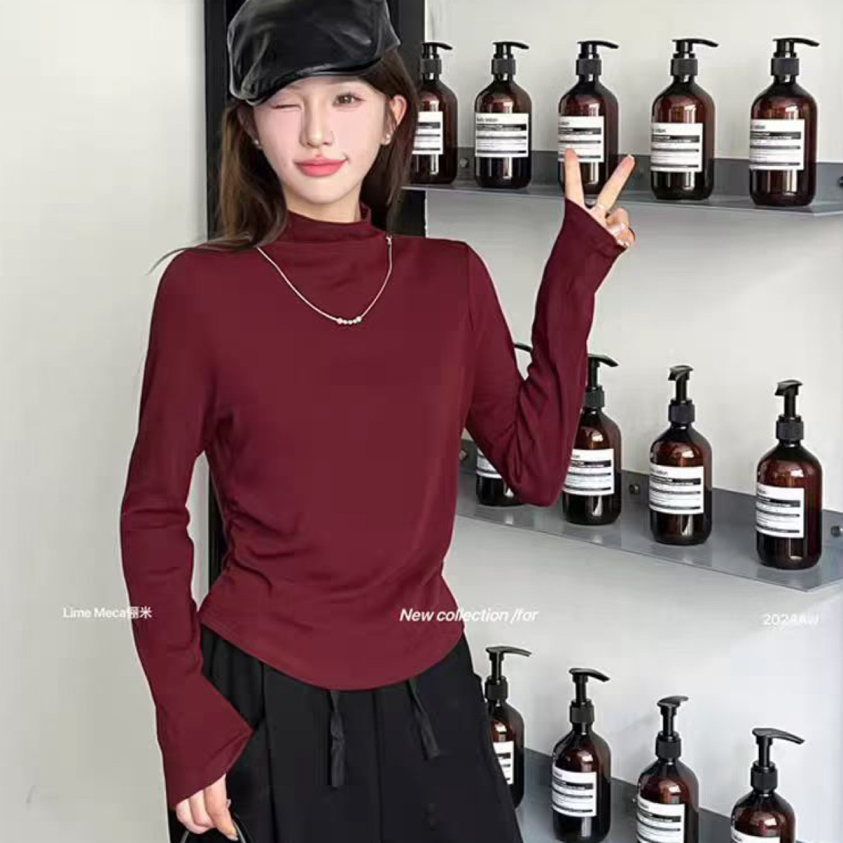 纯色长袖女街头风吸汗半高领T恤休闲风褶皱抗皱