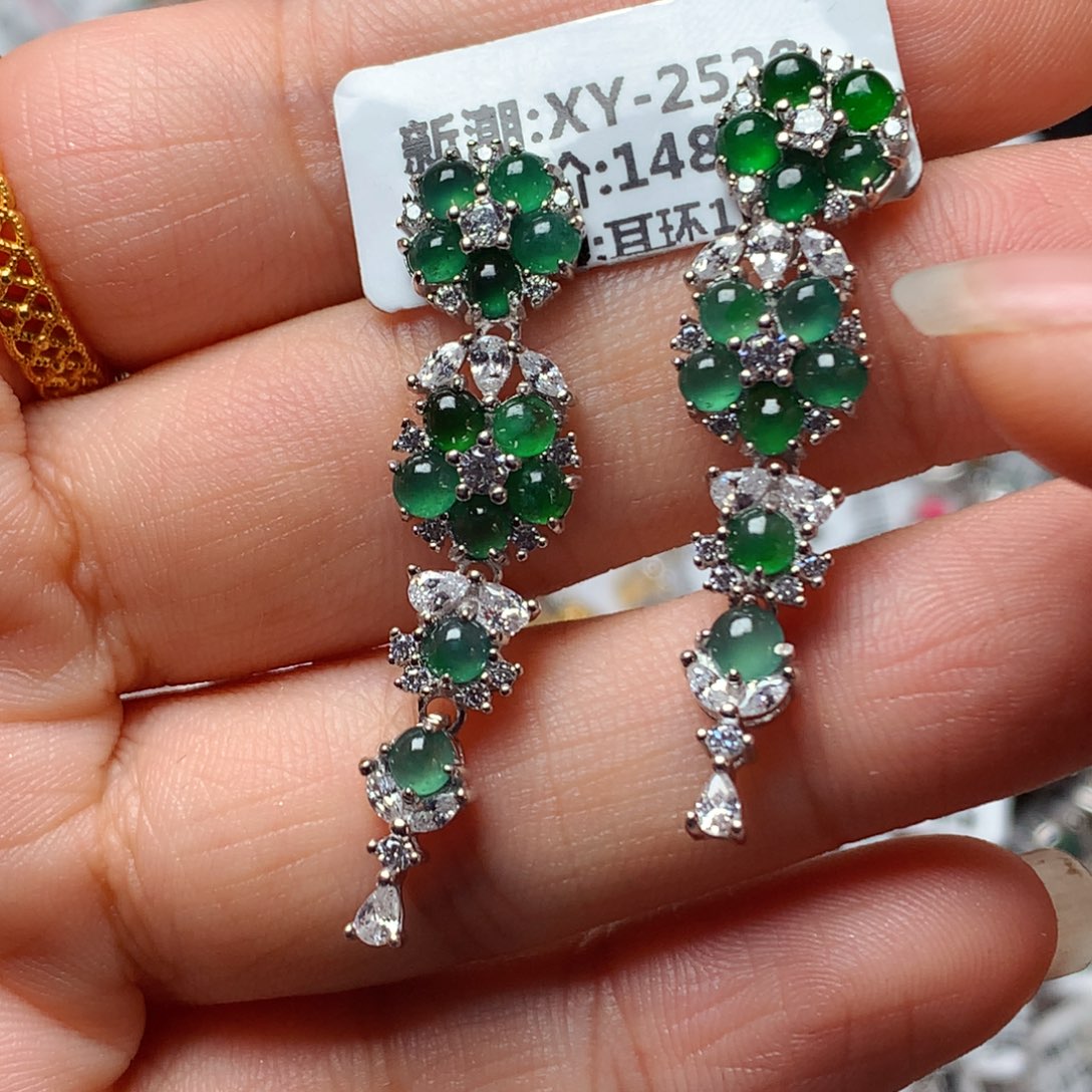 翡翠戒指银S925镶嵌天然翡翠耳饰