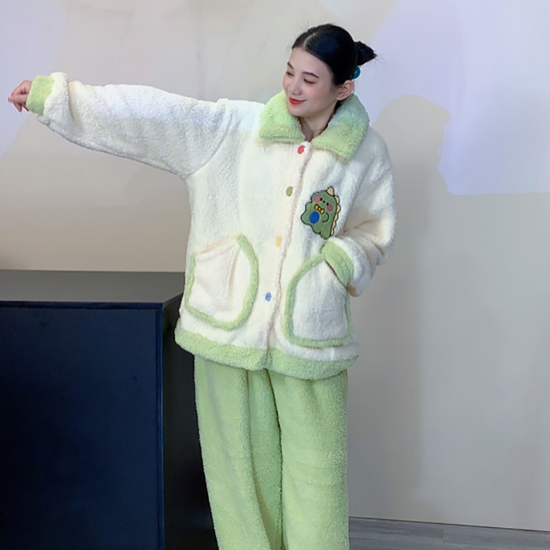 SIPIN/司品半边绒保暖大码睡衣女宽松开衫翻领加厚冬季家居服套装