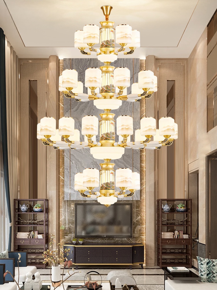 万里江山全铜复式楼别墅客厅玉石大吊灯中空大气酒店大厅灯具