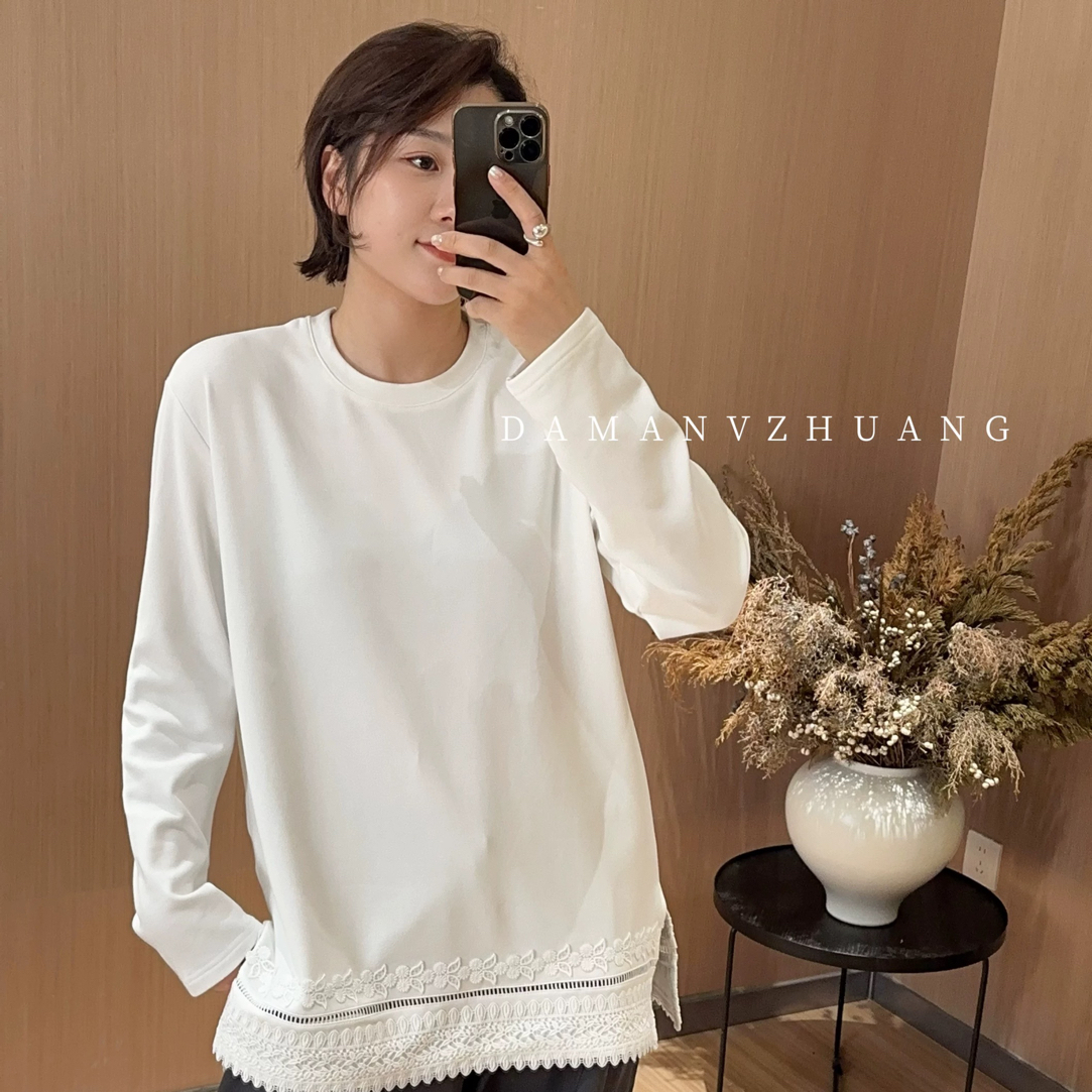 （衣长74）5111刺绣拼接圆领加绒长袖T恤冬季百搭侧开叉上衣