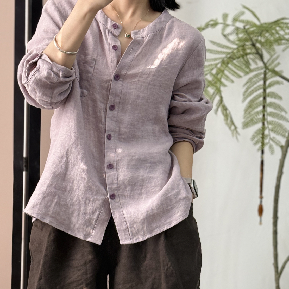 【渐变】秋冬新款汉麻简约圆领女士宽松休闲百搭衬衫上衣时尚