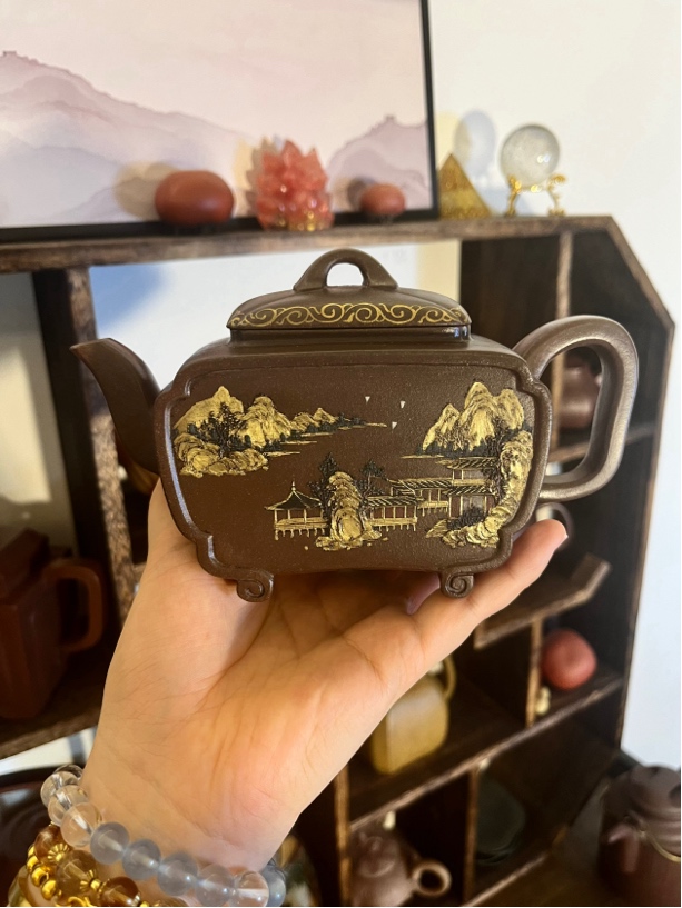 老紫泥四方古窗壶容量320毫升纯手工制作