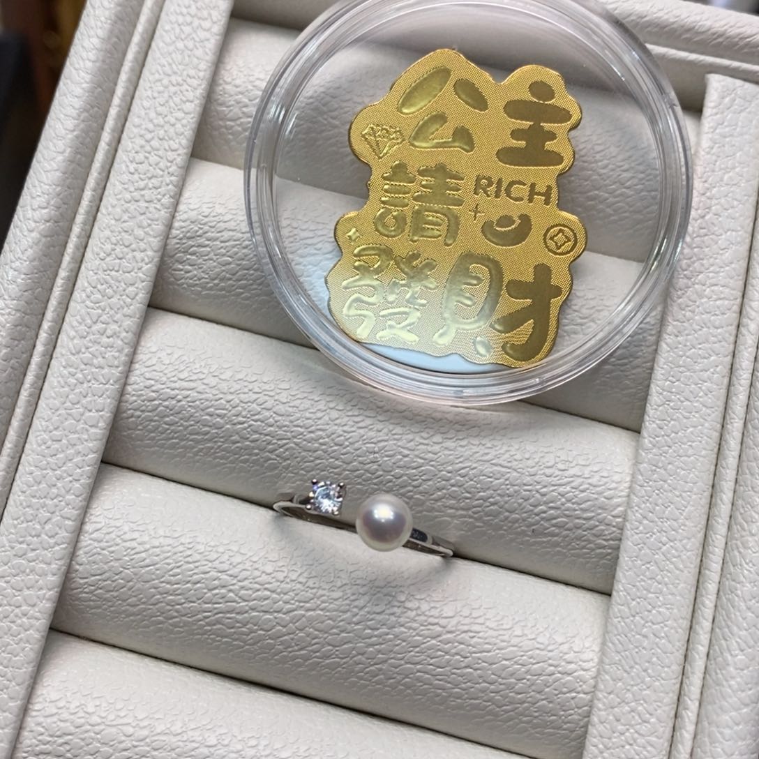 淡水珍珠戒指银S925镶嵌极光淡水5-6送黄金手机贴