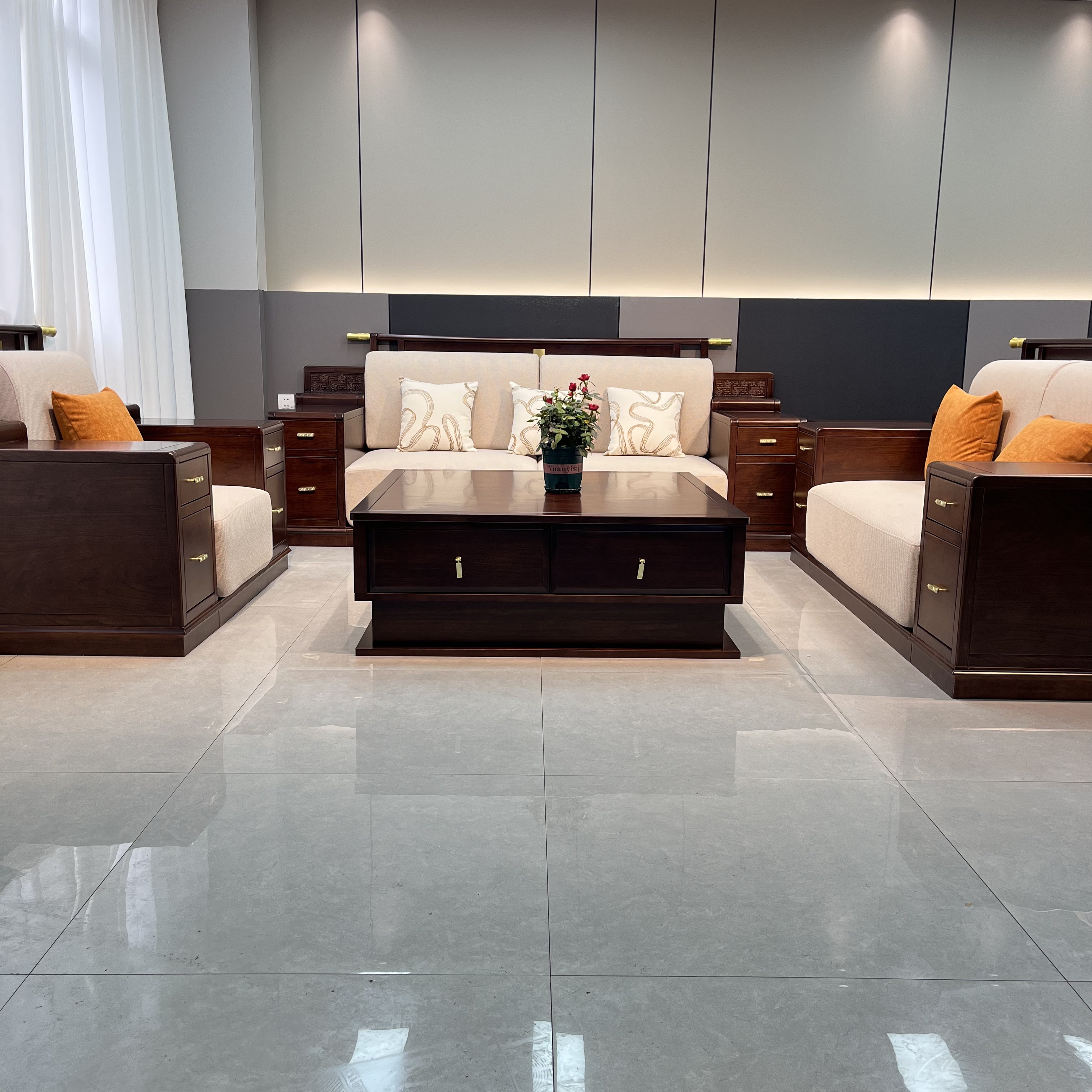 新中式乌金木实木沙发客厅家具简约别墅成套轻奢两用实木沙发