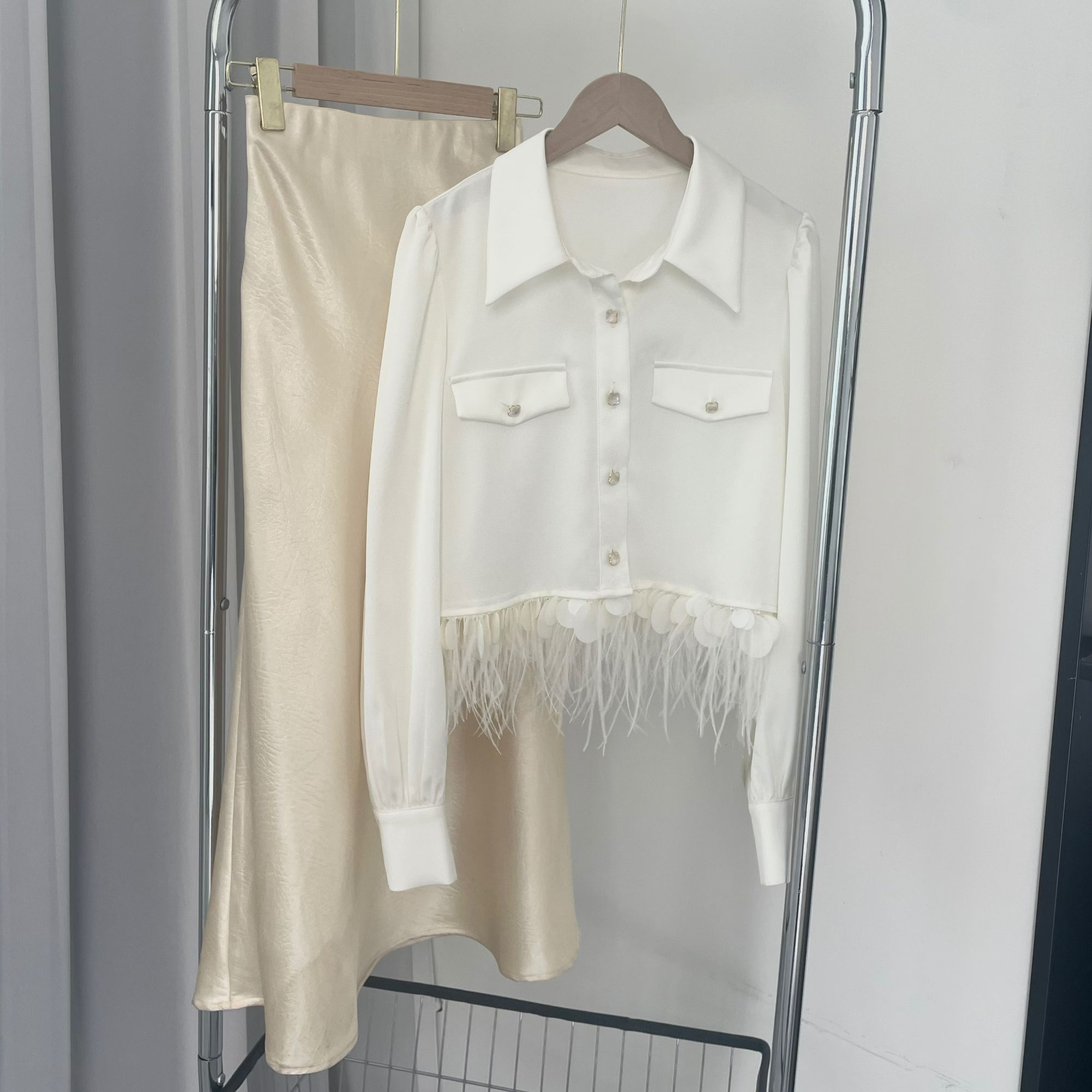 拉夏贝尔2025年春季新款休闲百搭气质长袖上衣+半身裙 12785 JCK