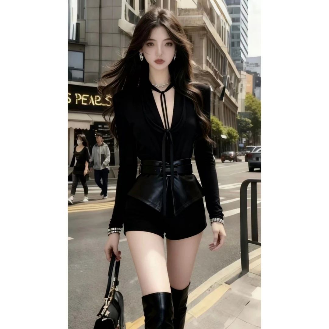 秋冬轻熟风气质高级黑色V领长袖收腰上衣+黑色百搭修身短裤两件套
