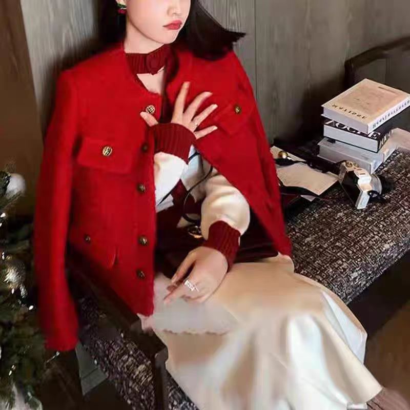1005 休闲时尚女士纯色女装小香风气质网红洋气红色外套