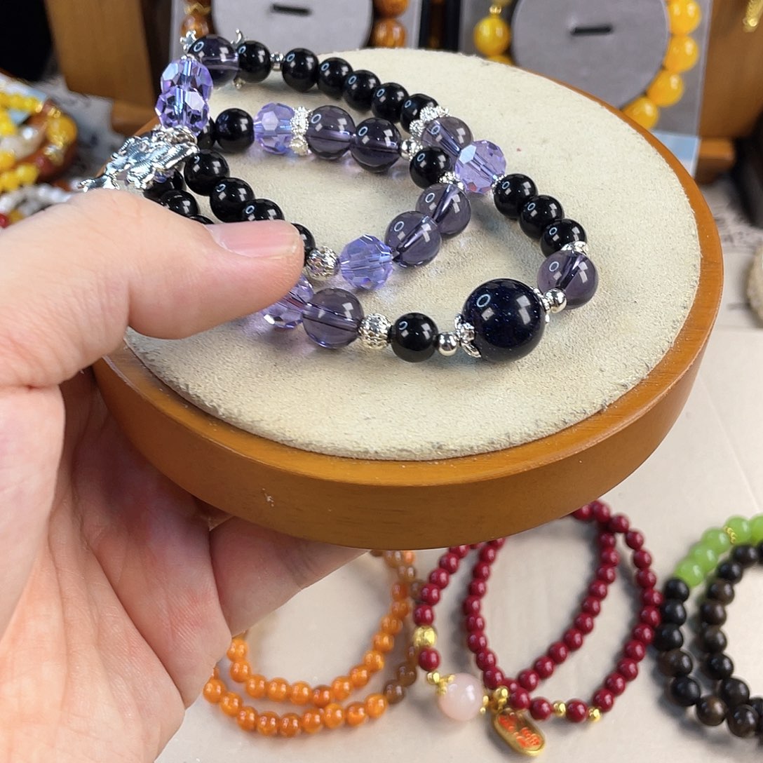 黑曜岩手饰银S925镀金镶嵌