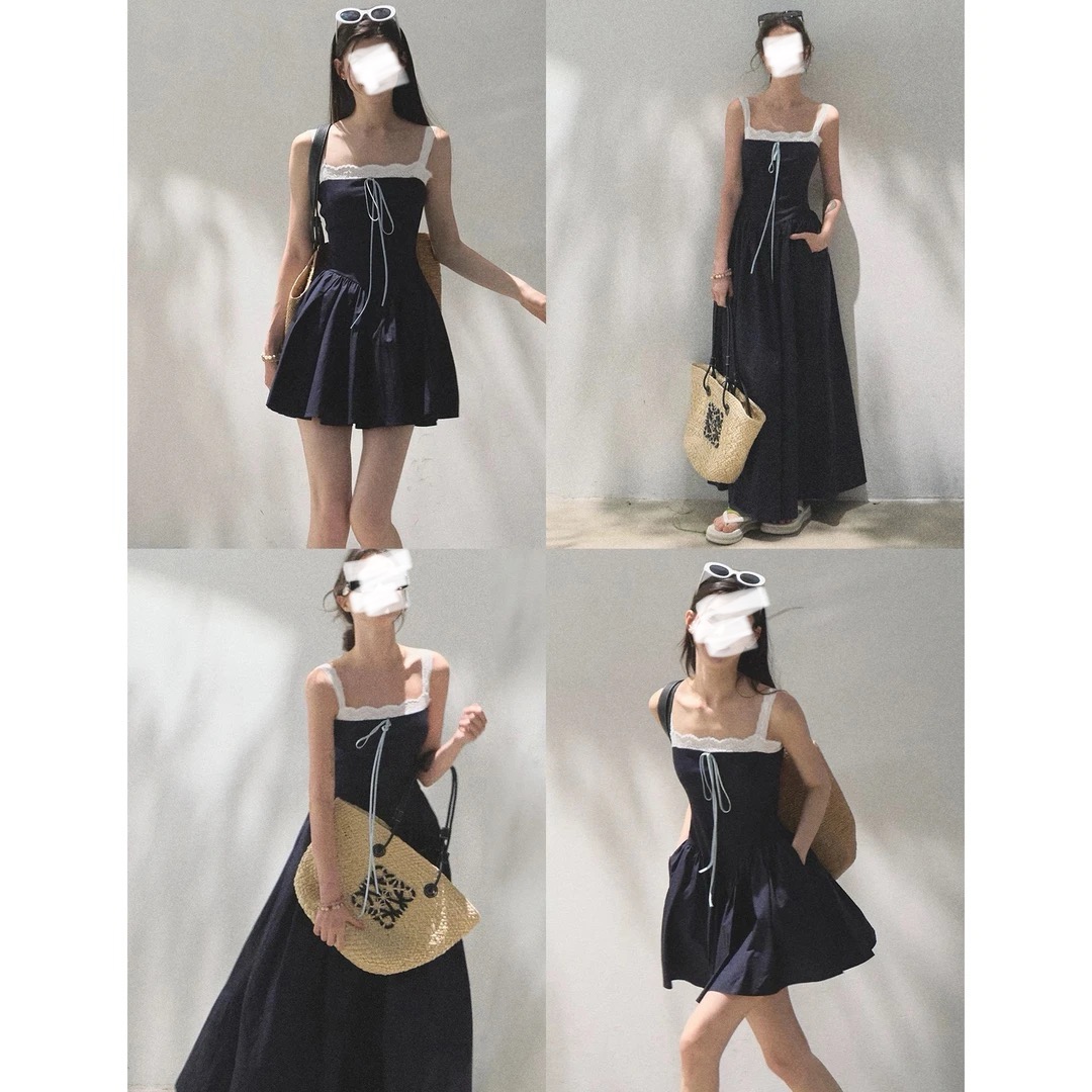 【流动的本真】修身上衣小众吊带拼接蕾丝连衣裙