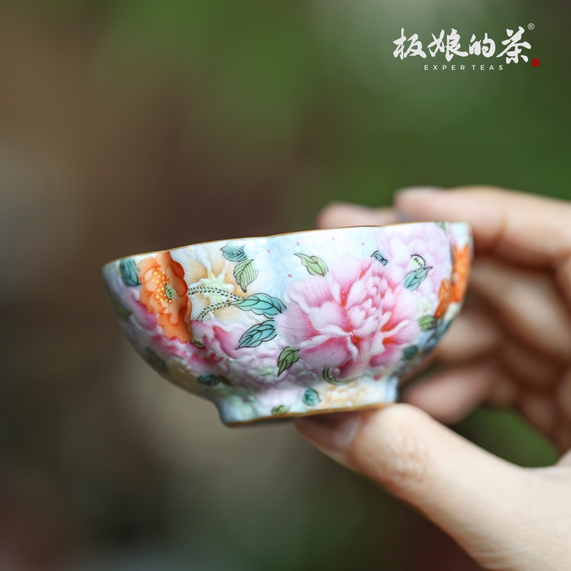 板娘的茶景德镇手绘粉彩松石釉重工万花描金海棠主人景德镇万花杯