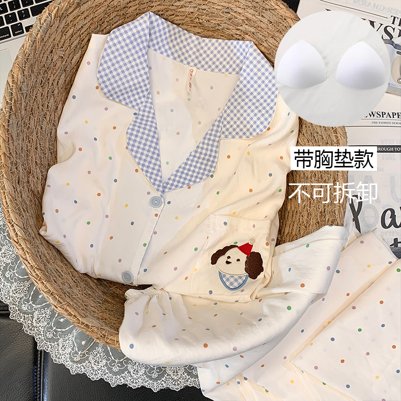 【长袖胸垫糖豆狗狗】卡通睡衣女款2025新款春秋波点小狗长袖家居服