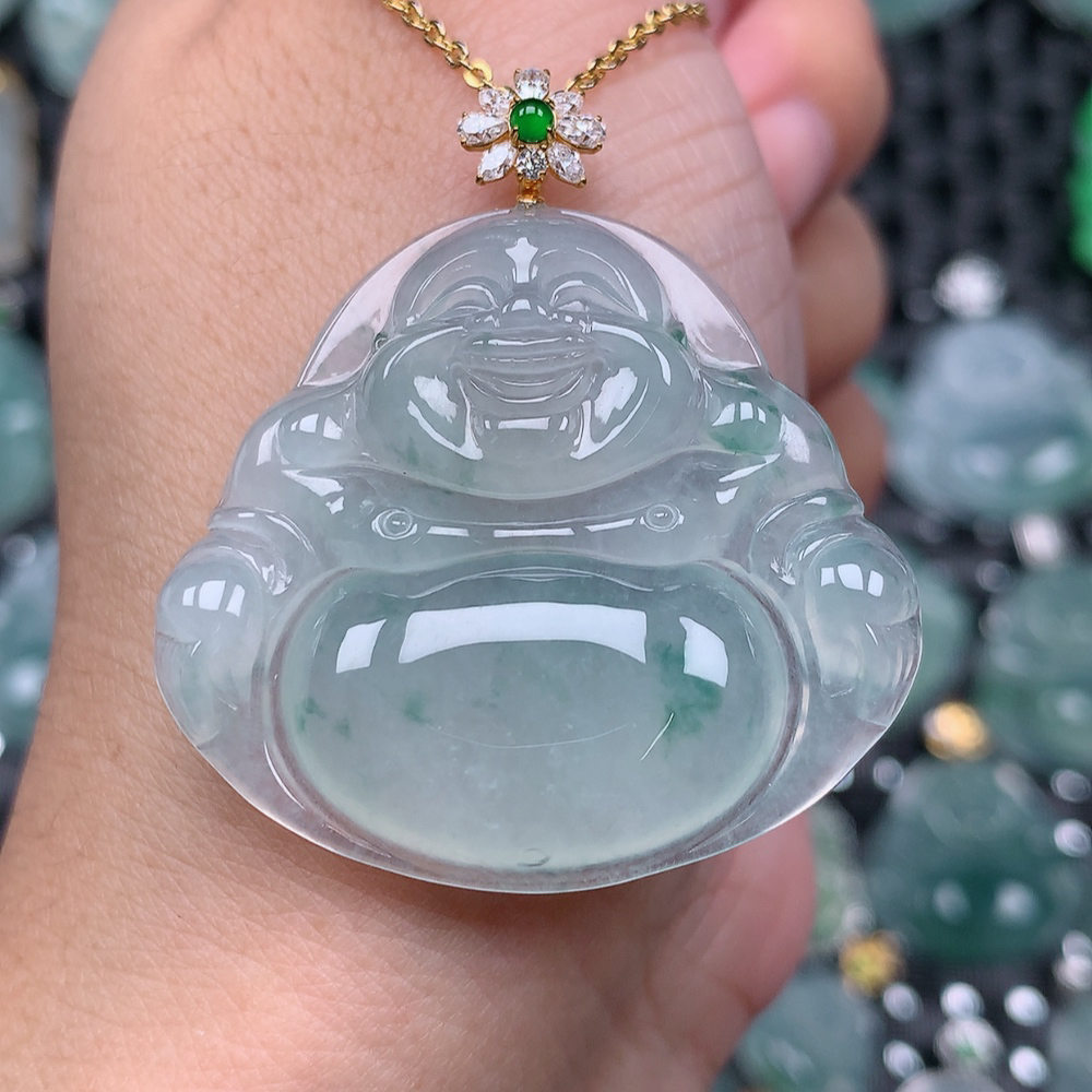 翡翠A货  18k金扣头冰种冰飘花大佛公吊坠 尺寸33.4×36.7×6.1
