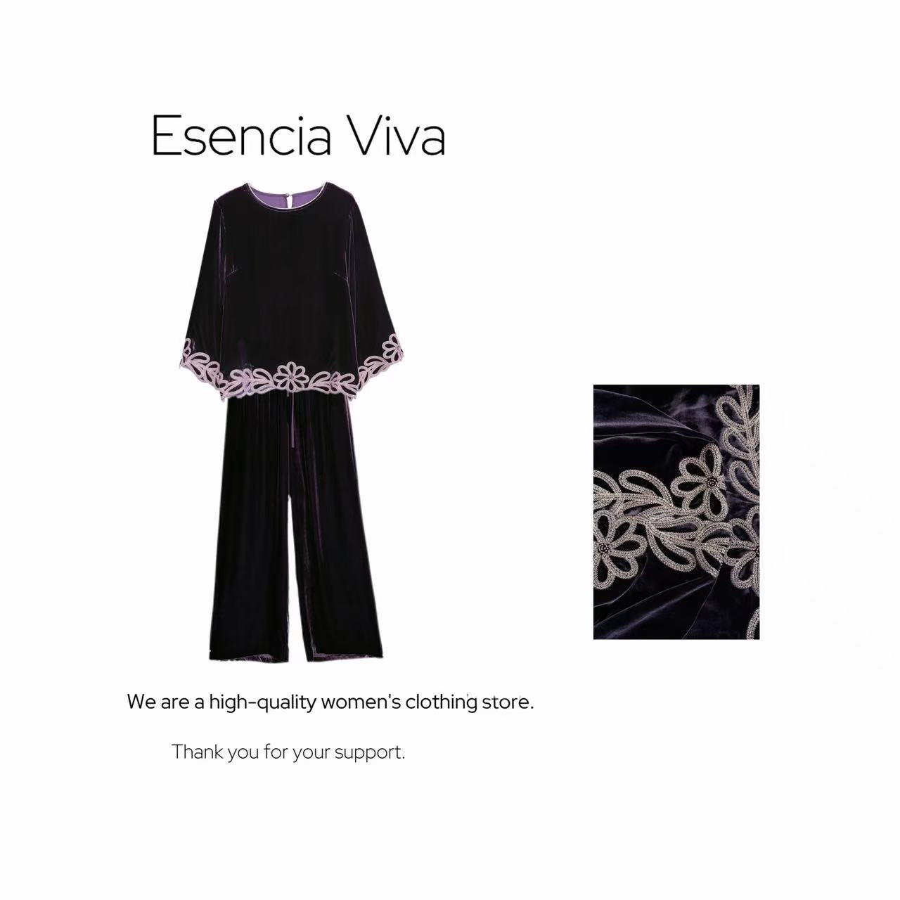 EV.【 紫罗兰】100%桑蚕丝绒刺绣串珠套装上衣+长裤套装EVZZ1061