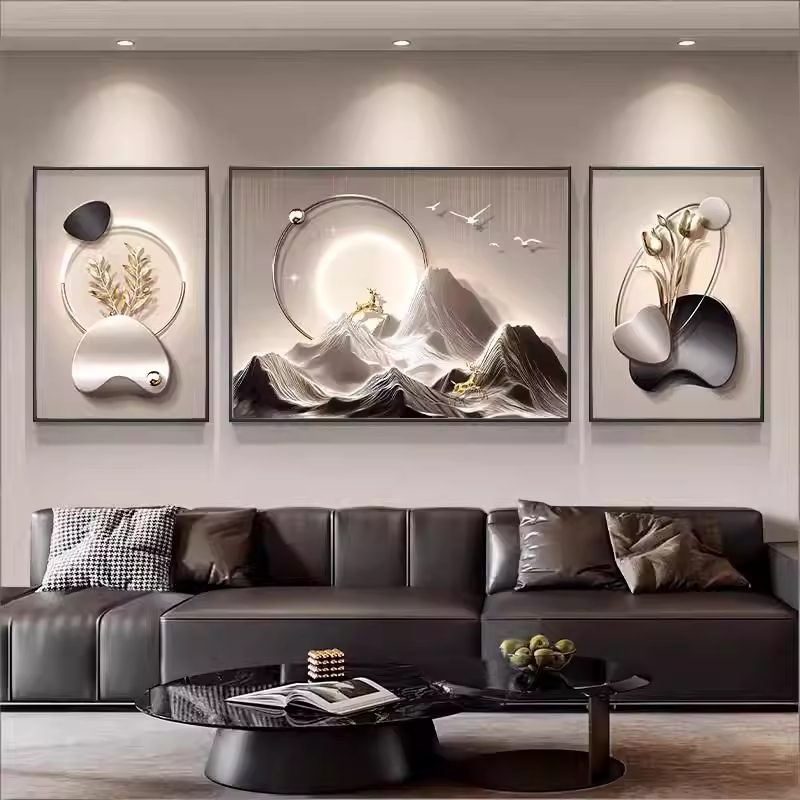 现代轻奢沙发背景墙装饰画高级感背有靠山客厅挂画高档三联组合画